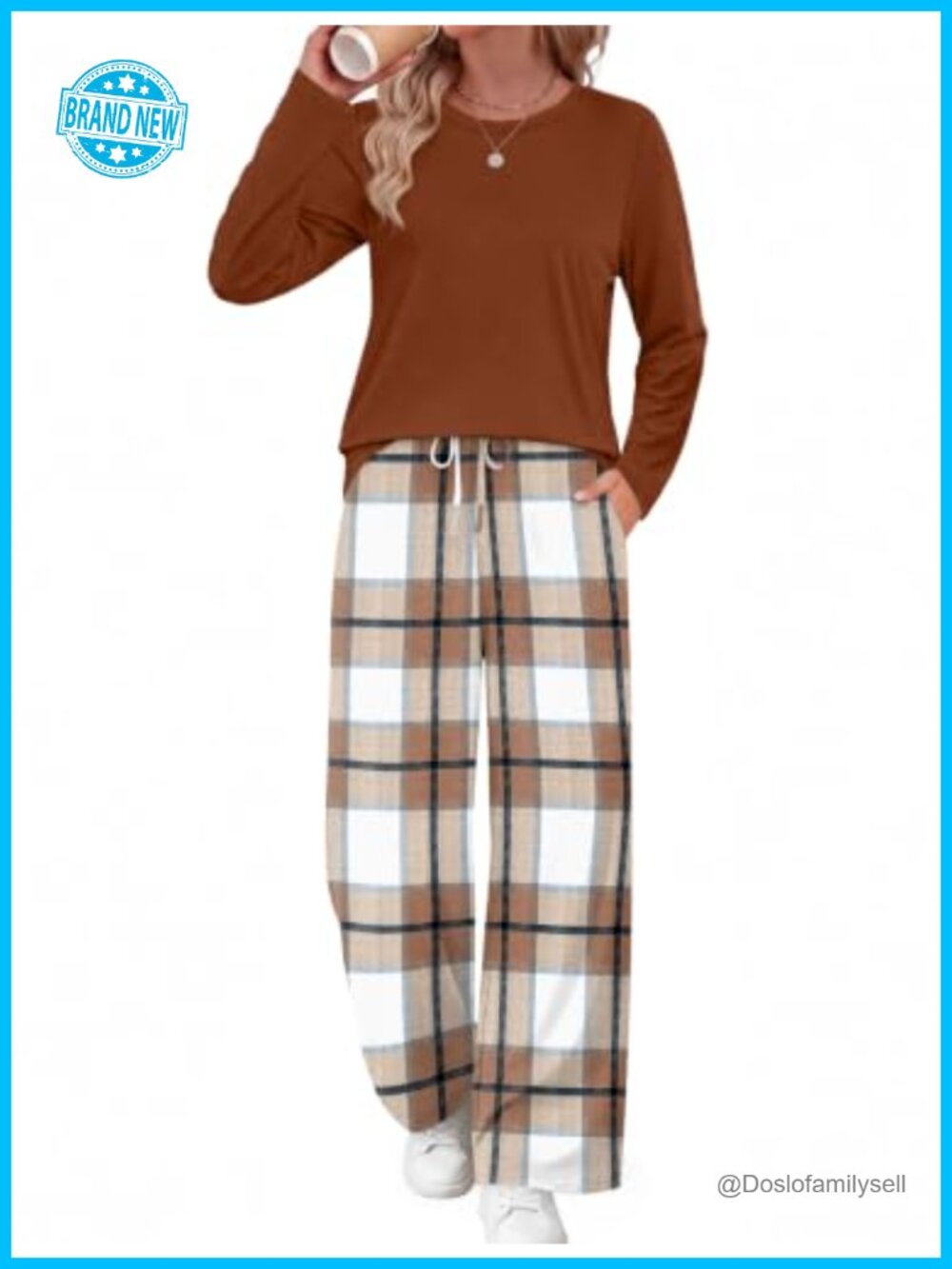 Two Piece Lounge Set Womens Long Sleeve Top Wide Leg Pants Fall Travel